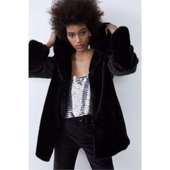 ZARA Women's Coat FAUX FUR Black HOOD DETAIL Soft Furry HOODED Jacket Sz S - Picture 8 of 8